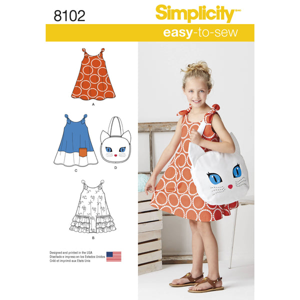 Simplicity Child's Easy-to-Sew Sundress and Kitty Tote Sewing Pattern S8102