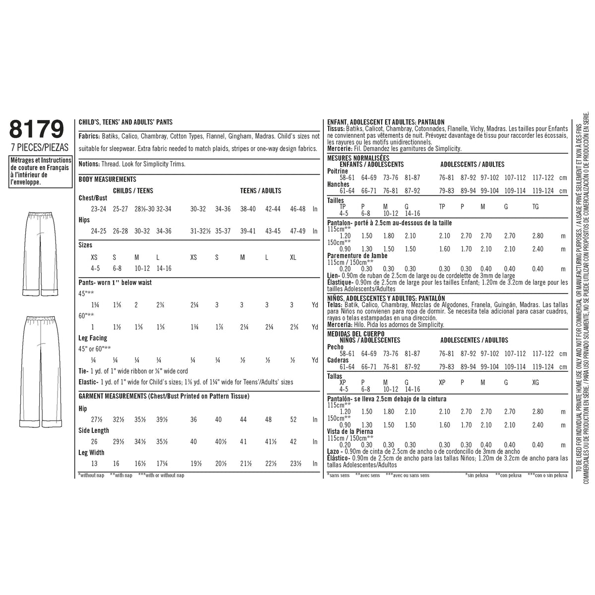 Pattern 8179 Child, Teen and Adult Lounge Pant
