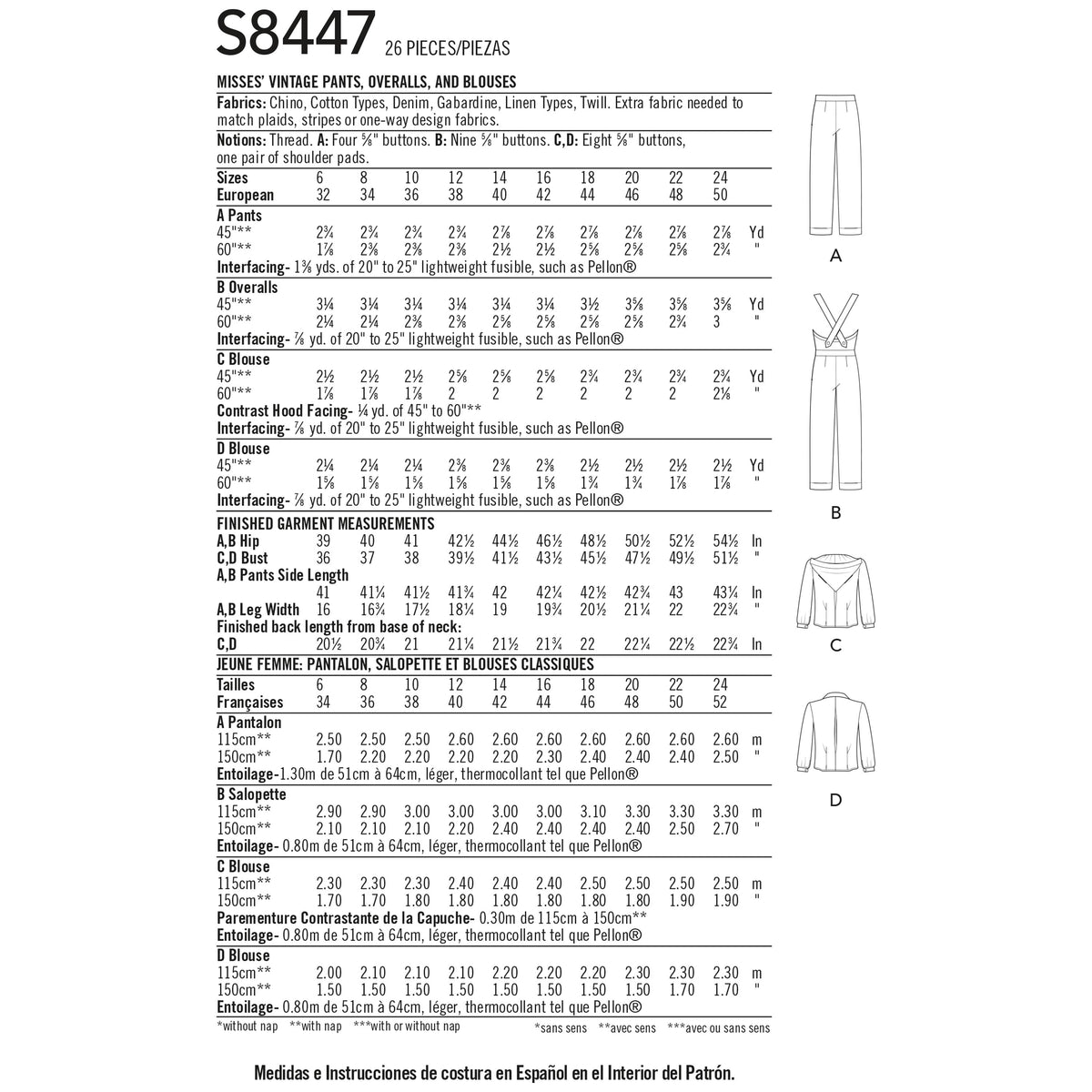 Simplicity Pattern 8447 Women's Vintage Trousers, Overalls and Blouses
