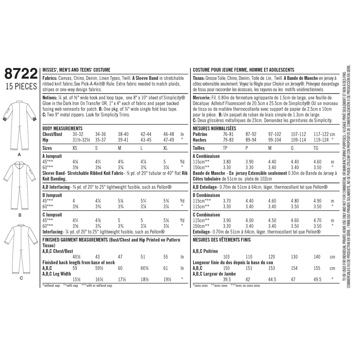 Pattern 8722 Women's, Men's and Teens' Costume
