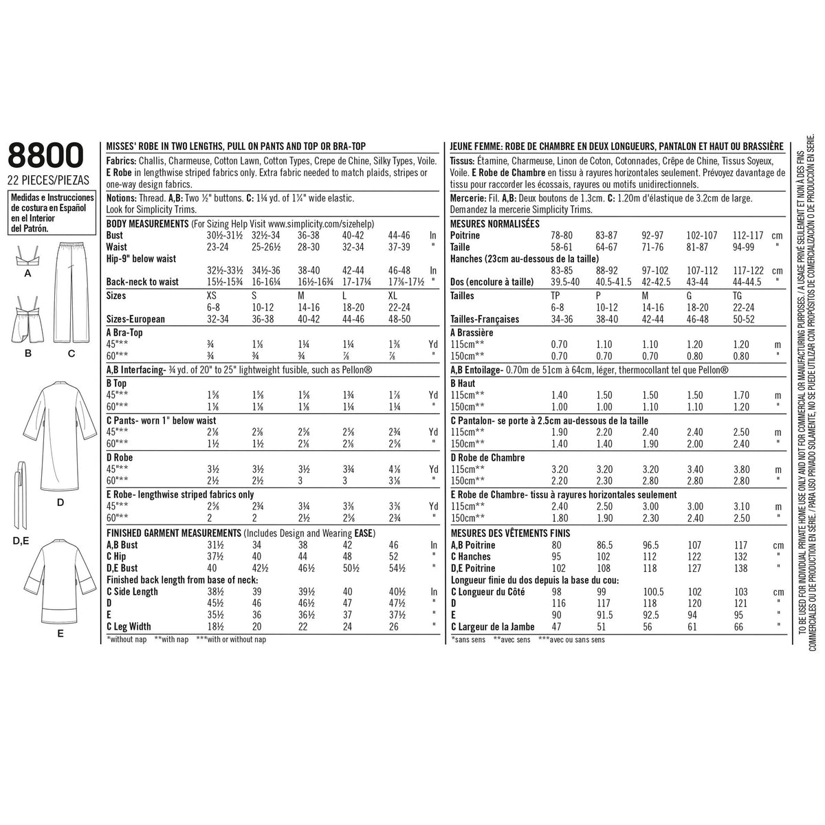 Pattern 8800 Misses' Robe, Pants, Top and Bralette
