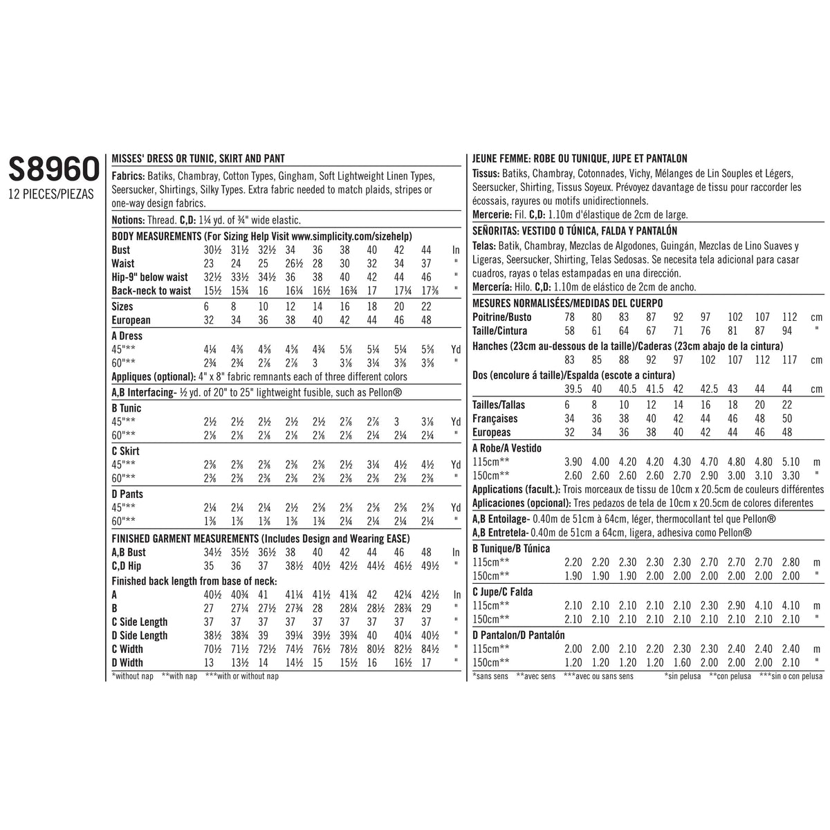 Simplicity Sewing Pattern S8960 Misses' Dress Or Tunic, Skirt and Pant