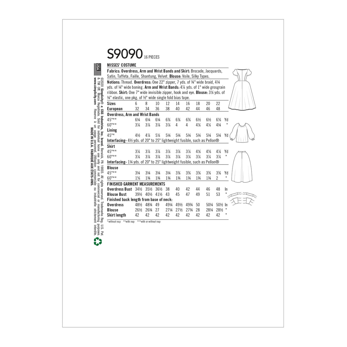 Simplicity Sewing Pattern S9090 Misses' Historical Costume