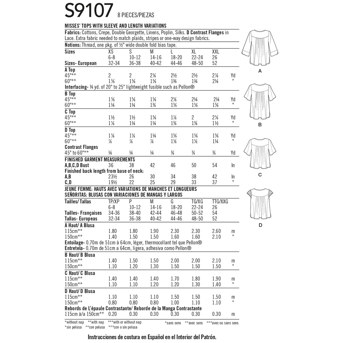 Simplicity Sewing Pattern S9107 Misses' Tops With Sleeve & Length Variation