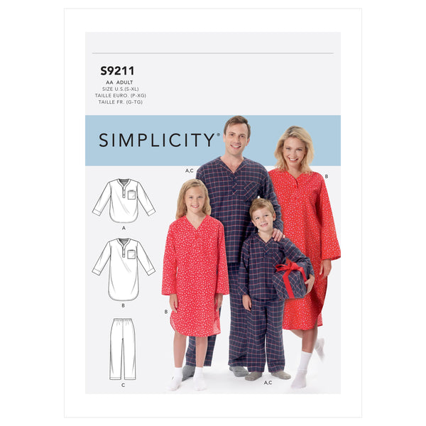 Simplicity Sewing Pattern S9211 Misses'/Men's/Boys'/Girls' Patch Pocket Top, Nightshirt and Pants