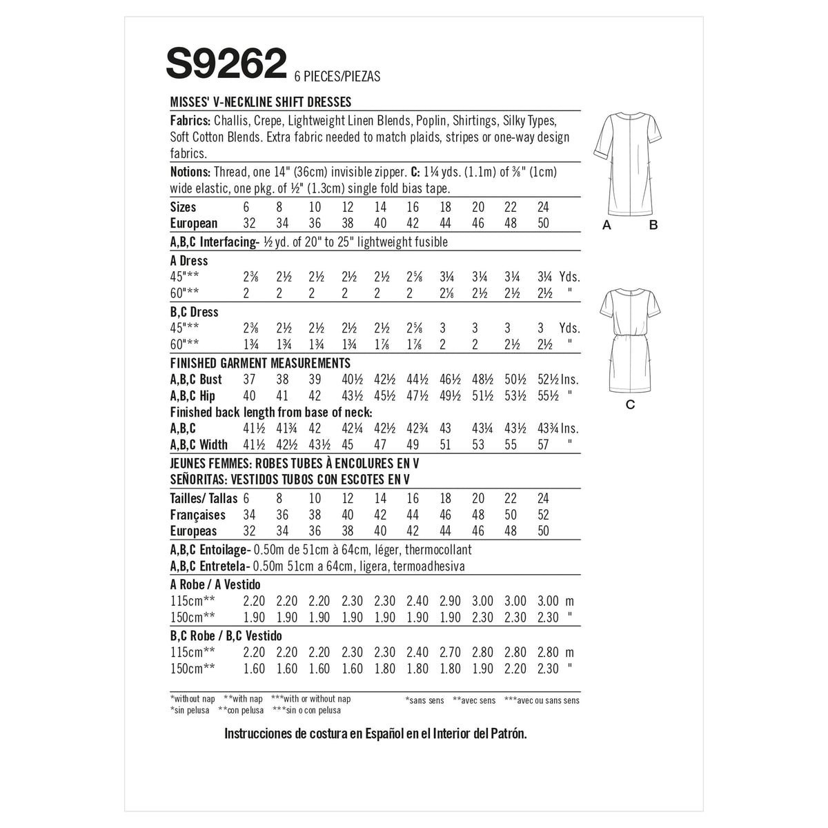 Simplicity Sewing Pattern S9262 Misses' V-neckline Shift Dresses