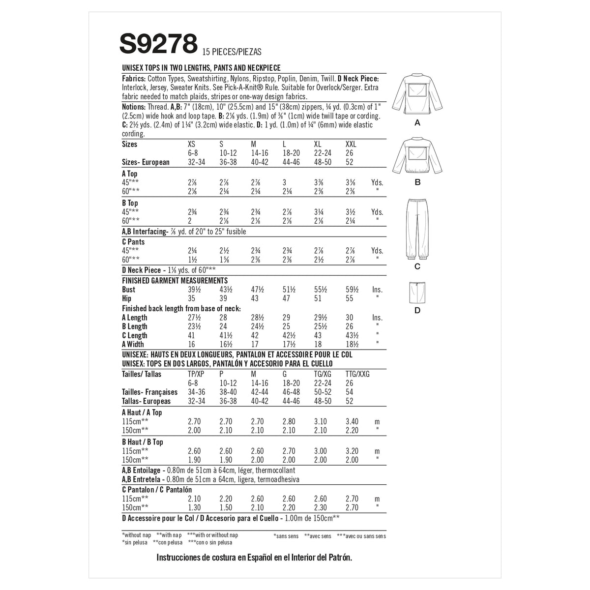 Simplicity Sewing Pattern S9278 Unisex Tops In Two Lengths, Pants & Neckpiece