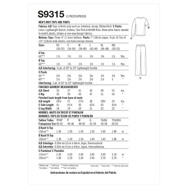 Simplicity Sewing Pattern S9315 Men's Knit Tops and Pants