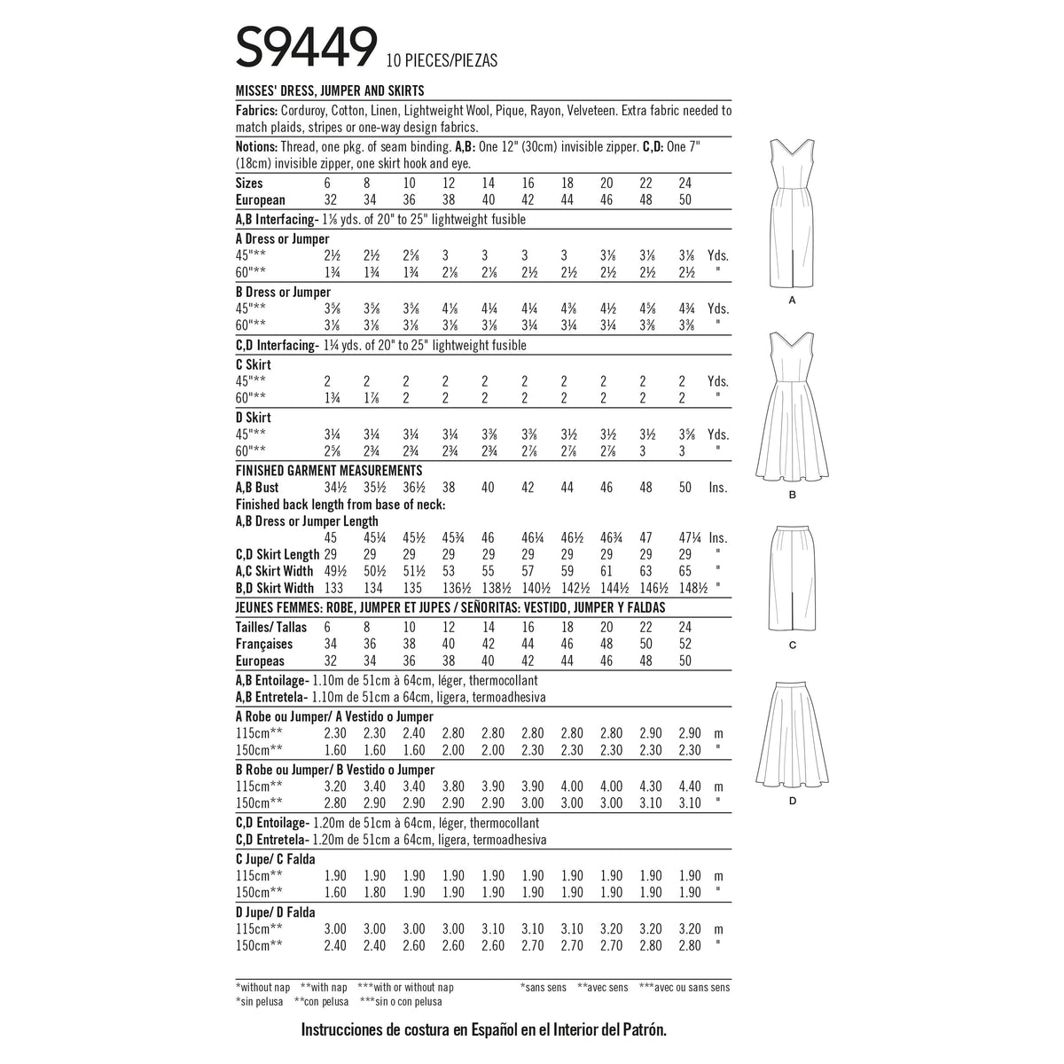 Simplicity Sewing Pattern S9449 Misses' Dress, Jumper and Skirts