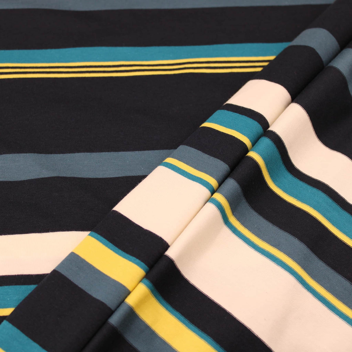 Stripe Blues and Beige Viscose Jersey Stretch knit printed stipes lines women dressmaking warm knitted fabric material Blue