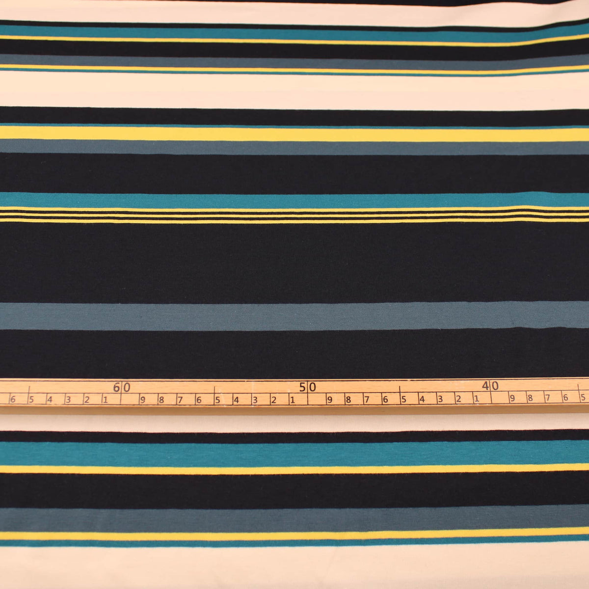 Stripe Blues and Beige Viscose Jersey Stretch knit printed stipes lines women dressmaking warm knitted fabric material Blue