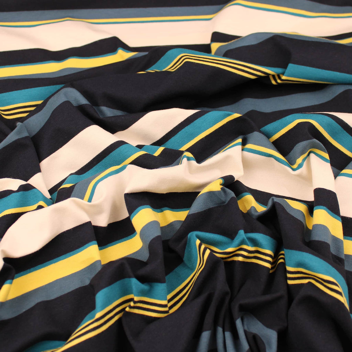 Stripe Blues and Beige Viscose Jersey Stretch knit printed stipes lines women dressmaking warm knitted fabric material Blue