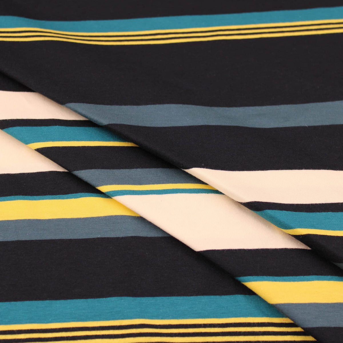 Stripe Blues and Beige Viscose Jersey Stretch knit printed stipes lines women dressmaking warm knitted fabric material Blue