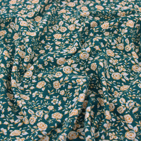 Tiny Roses On Bamboo Cotton Jersey Knit Fabric Material Knitted Stretch Floral Flowers OEKO TEX Dressmaking Eco Environmental Teal and Mustard
