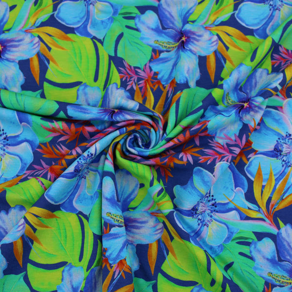 Tropical Flower Bloom Cotton Jersey Print Dressmaking Fabric Material Kids OEKO TEX Jersey Stretch spandex Nightwear Pyjamas floral women Knit soft Summer Blue