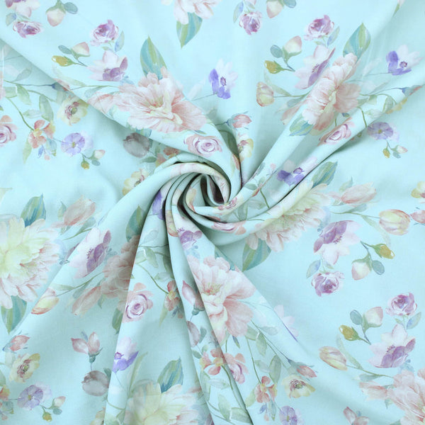 Vintage Florals on Viscose Challis Pattern Dressmaking Fabric Rayon Soft Silky Material Lawn Print Women Ladies Drape Aqua