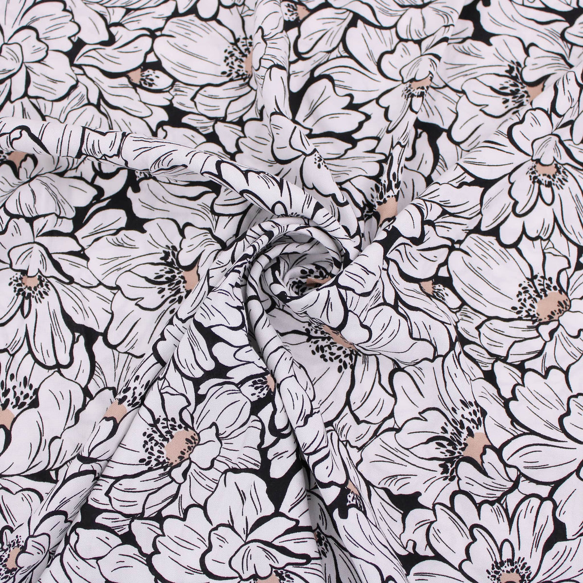 Viscose Challis Black and White Flowers Dressmaking Fabric Material Blouse Dress Natural Floral Pattern Print Women Lizzy