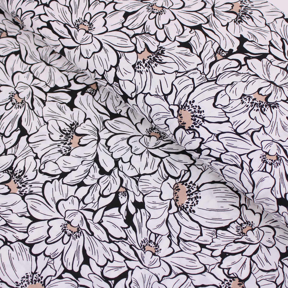 Viscose Challis Black and White Flowers Dressmaking Fabric Material Blouse Dress Natural Floral Pattern Print Women Lizzy