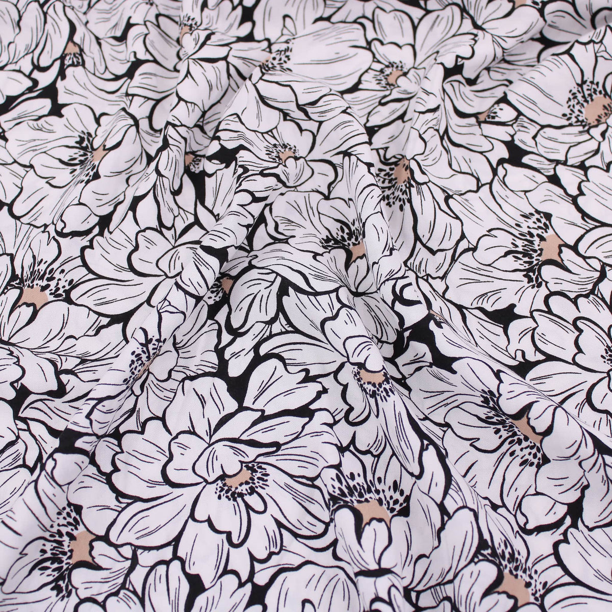 Viscose Challis Black and White Flowers Dressmaking Fabric Material Blouse Dress Natural Floral Pattern Print Women Lizzy