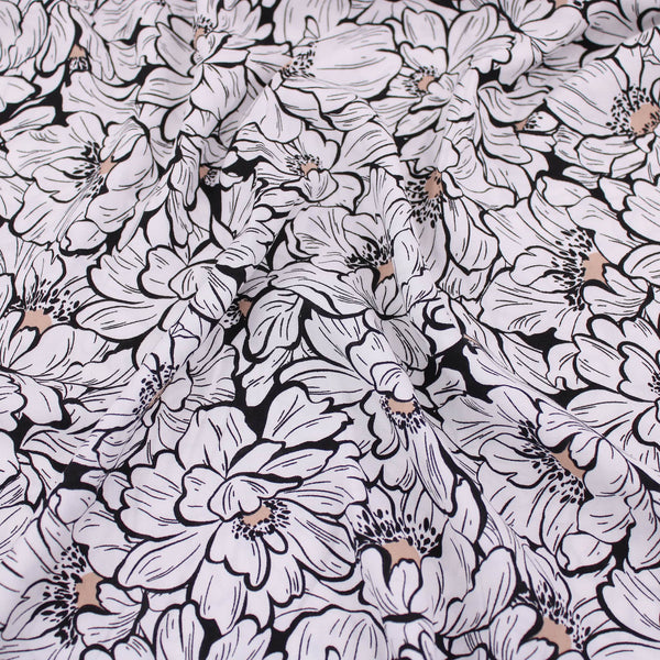 Viscose Challis Black and White Flowers Dressmaking Fabric Material Blouse Dress Natural Floral Pattern Print Women  Lizzy