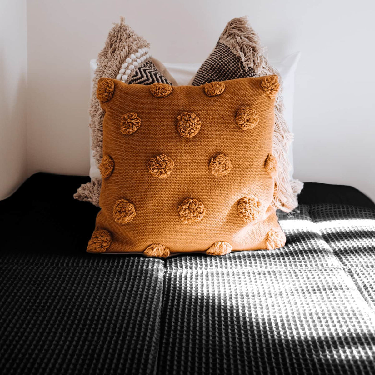 soft towelling woven cotton waffle fabric Black