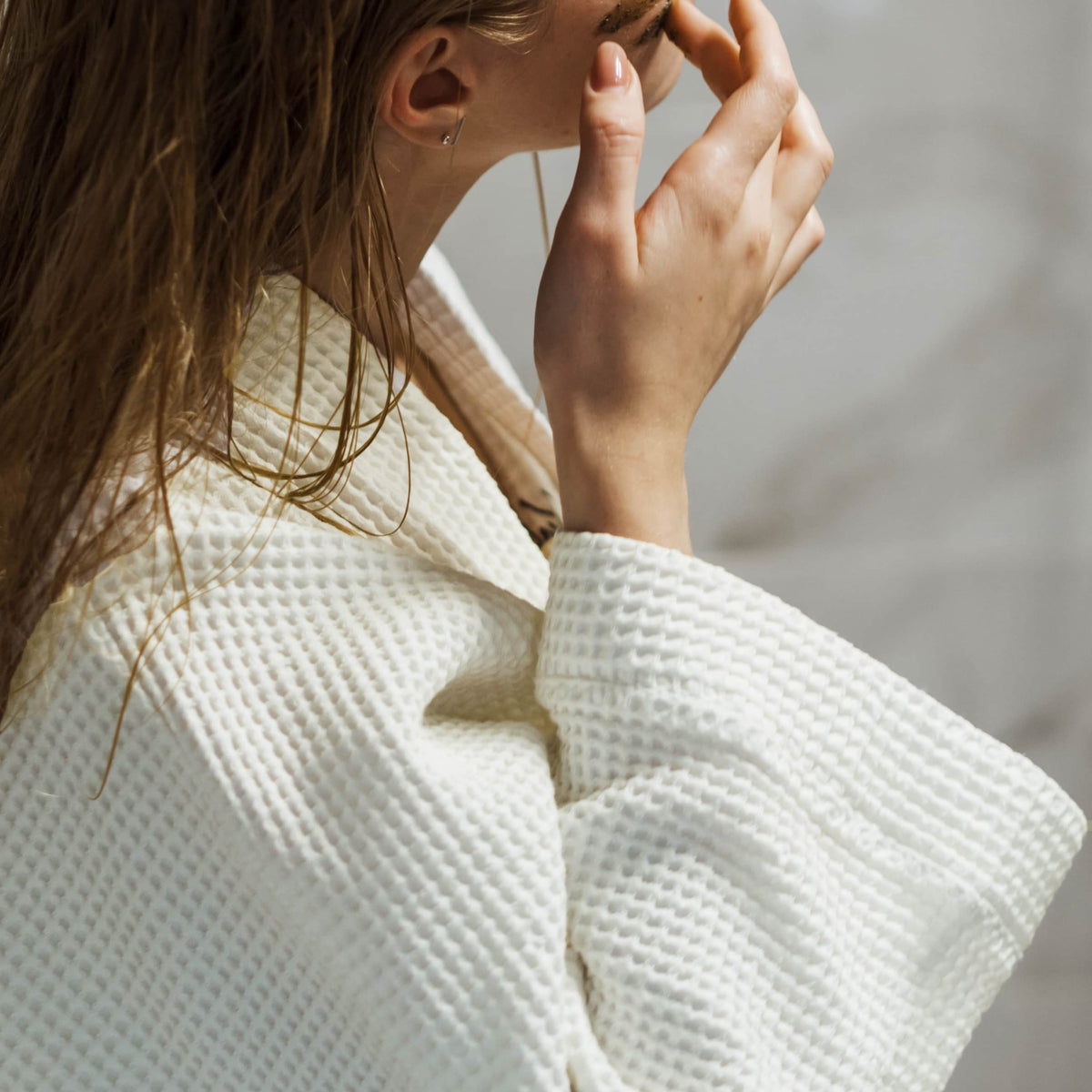 soft towelling woven cotton waffle fabric Ivory
