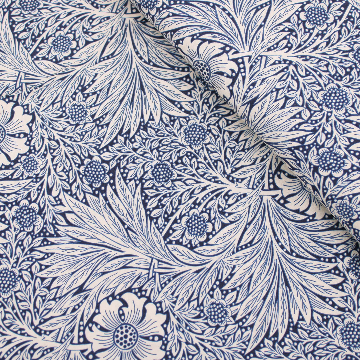 William Morris Marigold Viscose Challis Dressmaking Fabric material soft woven drape pattern designer flowers floral rayon leaf women Navy