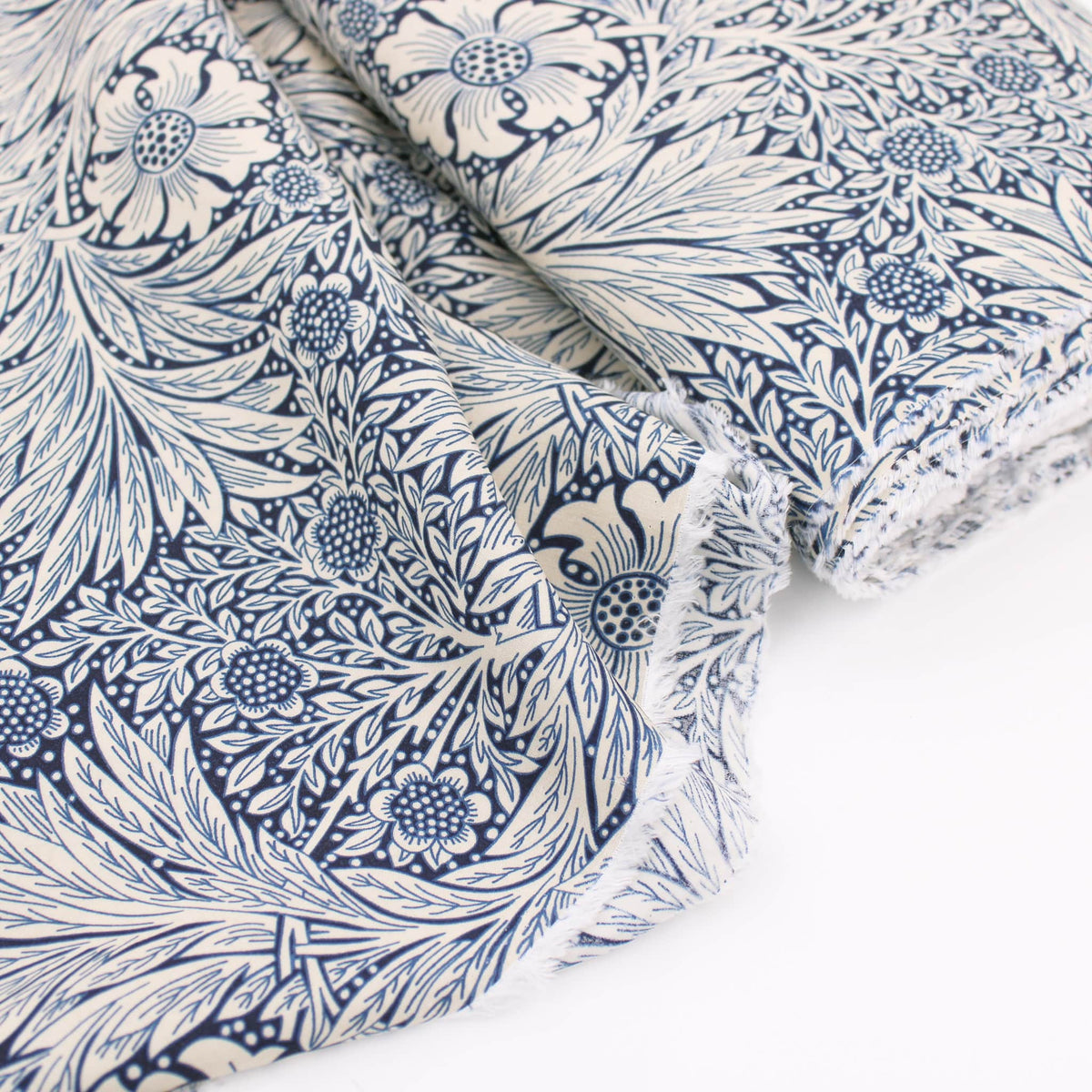 William Morris Marigold Viscose Challis Dressmaking Fabric material soft woven drape pattern designer flowers floral rayon leaf women Navy