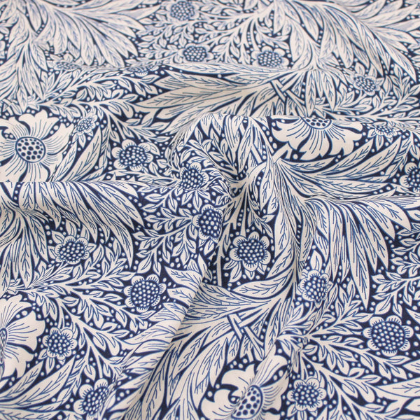 William Morris Marigold Viscose Challis Dressmaking Fabric material soft woven drape pattern designer flowers floral rayon leaf women Navy