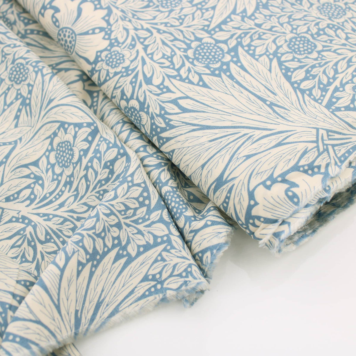 William Morris Marigold Viscose Challis Dressmaking Fabric material soft woven drape pattern designer flowers floral rayon leaf women Powder Blue