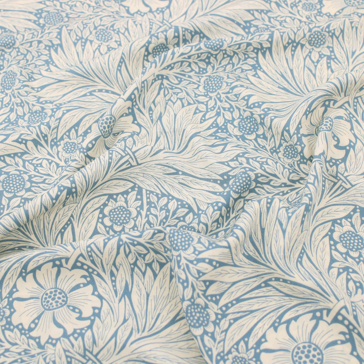 William Morris Marigold Viscose Challis Dressmaking Fabric material soft woven drape pattern designer flowers floral rayon leaf women Powder Blue