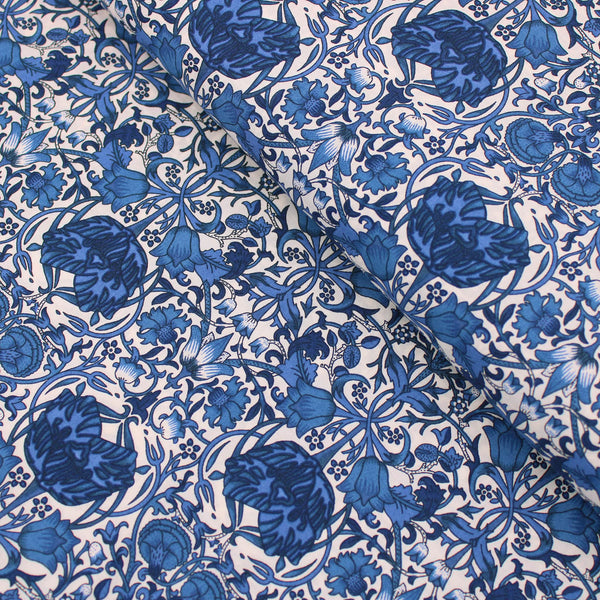 William Morris Lodden Lily Pima Cotton Lawn pattern silky english quilting floral dressmaking soft woven drape lightweight silky fabric material woven Morris & Co Designer Art deco floral flower Royal Navy