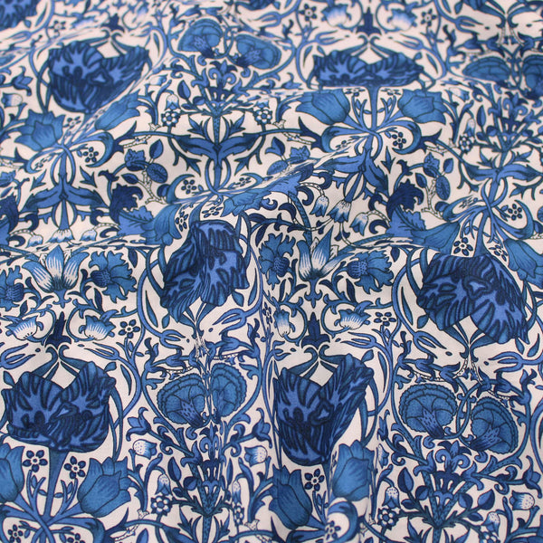 William Morris Lodden Lily Pima Cotton Lawn pattern silky english quilting floral dressmaking soft woven drape lightweight silky fabric material woven Morris & Co Designer Art deco floral flower Royal Navy