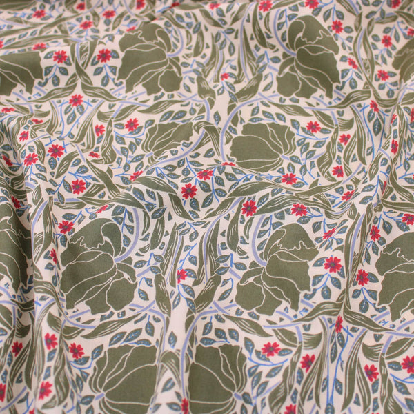 William Morris Pimpernel Pima Cotton Lawn pattern silky english quilting floral dressmaking soft woven drape lightweight silky fabric material woven Morris & Co Designer Art deco floral flower Willow Green