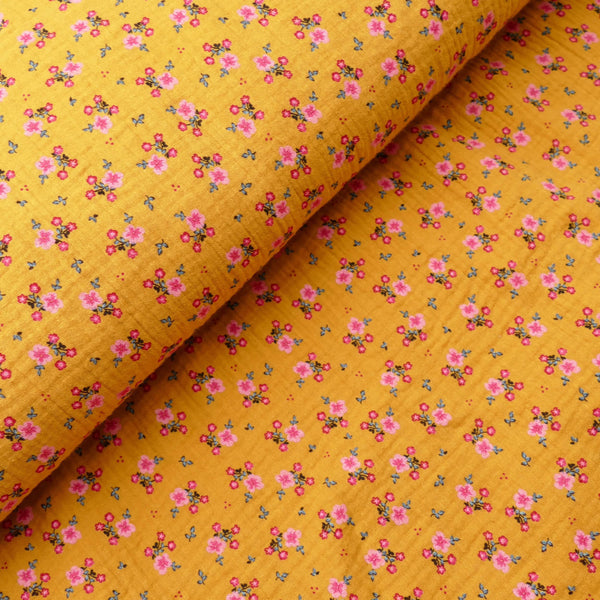 organic 100% cotton double gauze in winterberry floral print Mustard