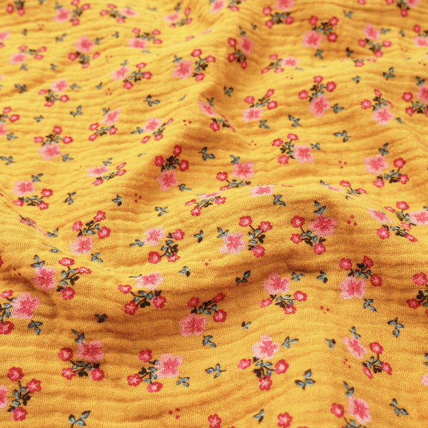 organic 100% cotton double gauze in winterberry floral print Mustard