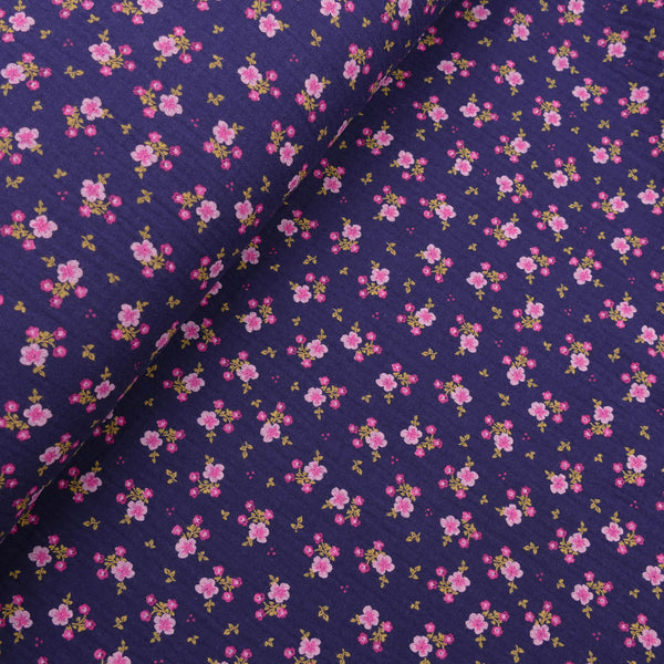 organic 100% cotton double gauze in winterberry floral print Navy