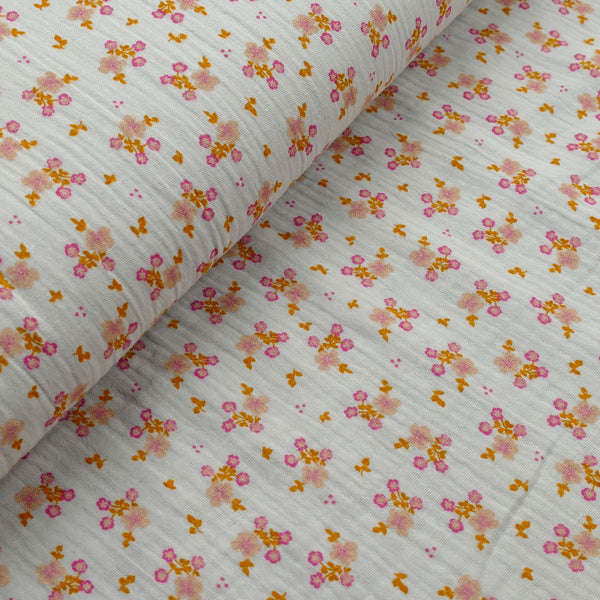 organic 100% cotton double gauze in winterberry floral print Old Green