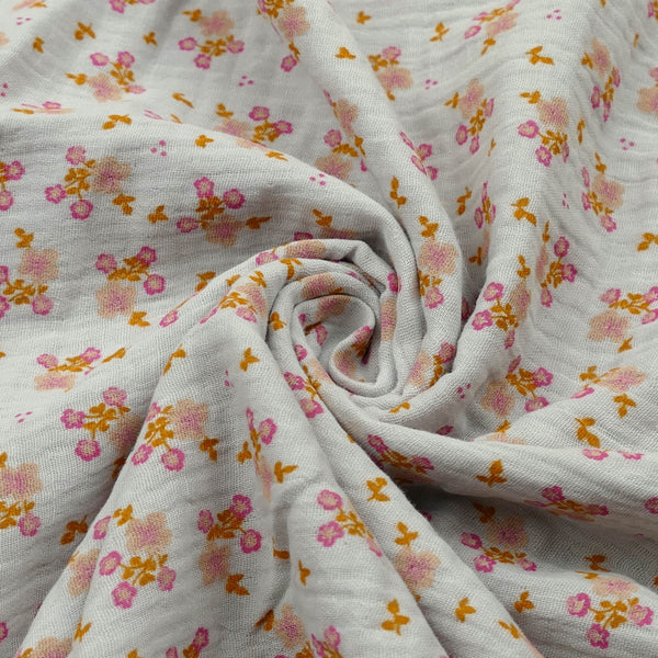 organic 100% cotton double gauze in winterberry floral print Old Green