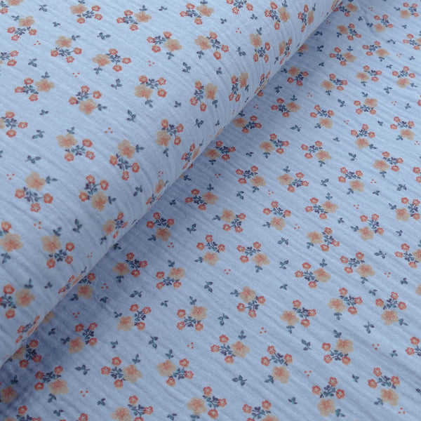 organic 100% cotton double gauze in winterberry floral print Sky Blue
