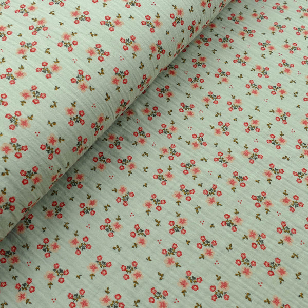 organic 100% cotton double gauze in winterberry floral print Spearmint