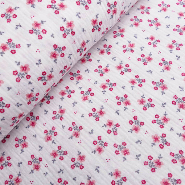 organic 100% cotton double gauze in winterberry floral print White