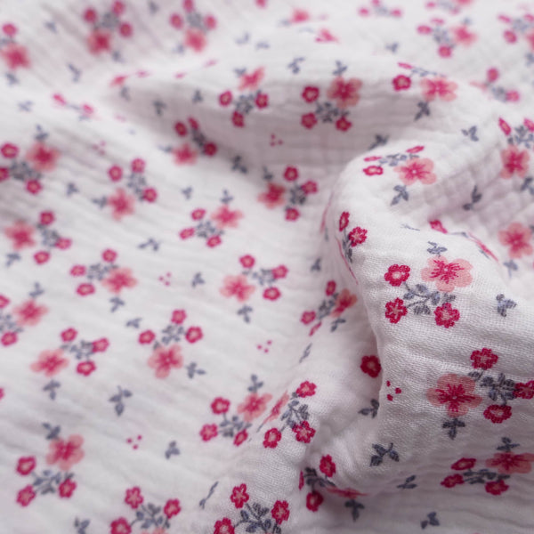 organic 100% cotton double gauze in winterberry floral print White