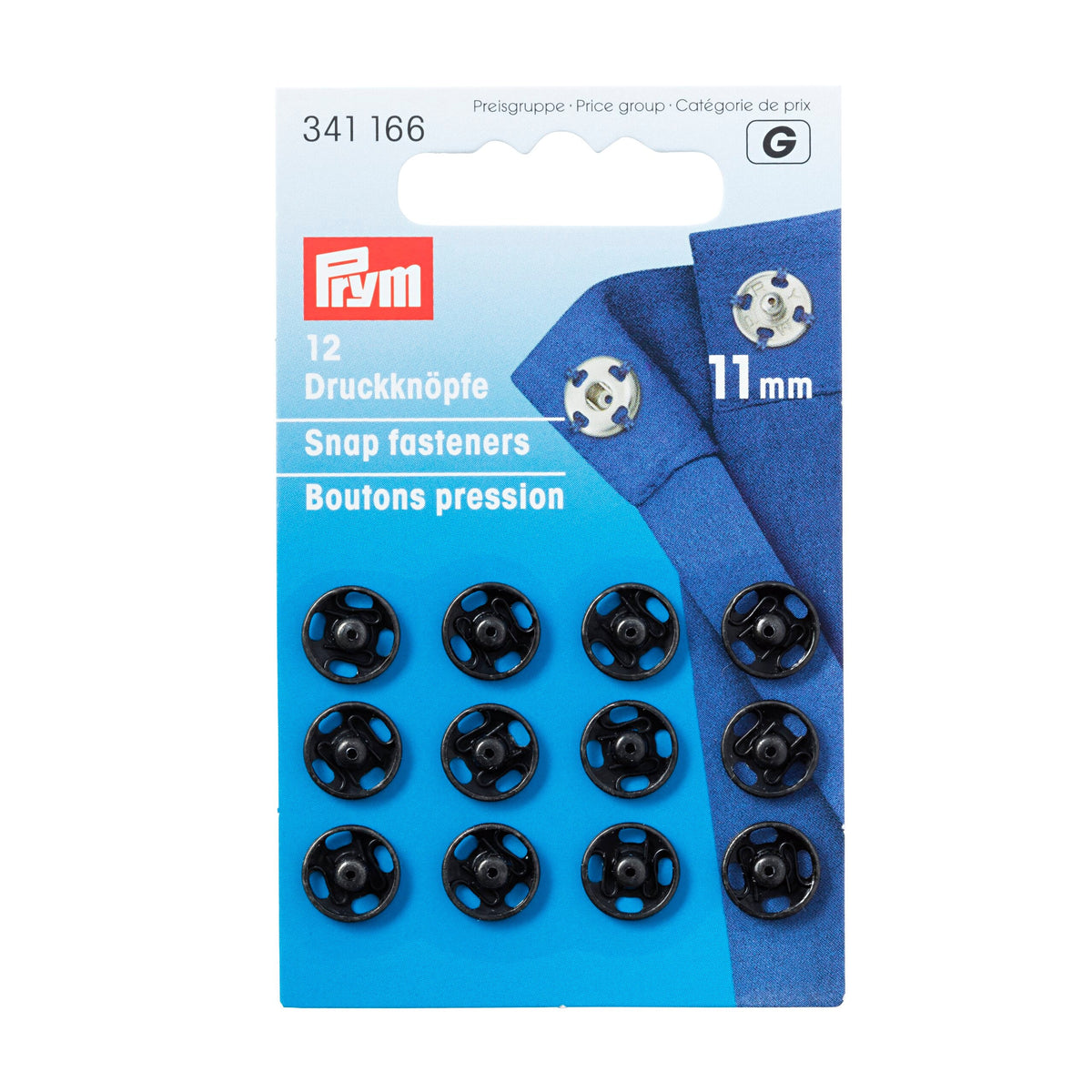 Prym Sew-On Snap Fasteners: Brass 11mm Black Essentials - 341166