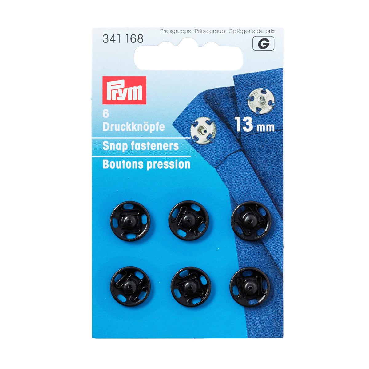 Prym Sew-On Snap Fasteners: Brass 13mm Black Essentials - 341168