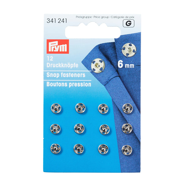 Prym Sew-On Snap Fasteners: Brass 6mm in Silver Colour - 341241