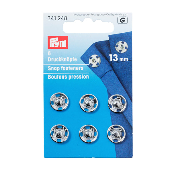 Prym Sew-On Snap Fasteners: Brass 13mm in Silver Colour - 341248