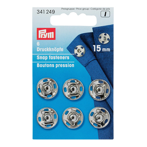 Prym Sew-On Snap Fasteners: Brass 15mm in Silver Colour - 341249