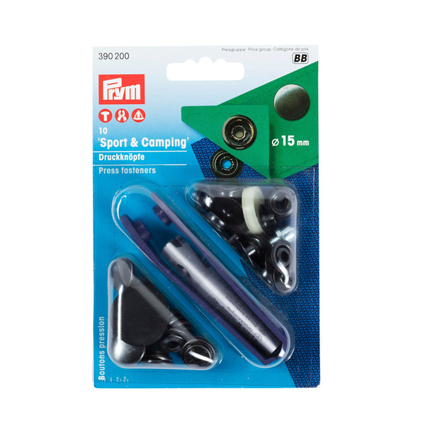 Prym Non-Sew Fasteners: Brass 15mm Black for Sport & Camping - 390200