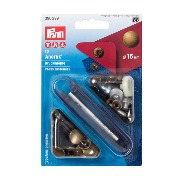 Prym Non-Sew Fasteners: ANORAK Brass 15mm Antique Finish - 390299